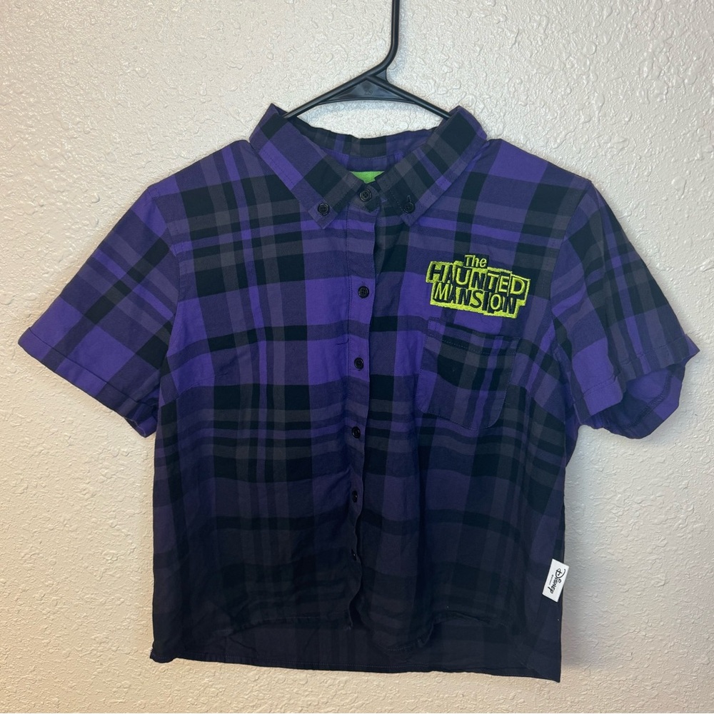 Her Universe Disney Parks The Haunted Mansion Purple Black Plaid Button Up